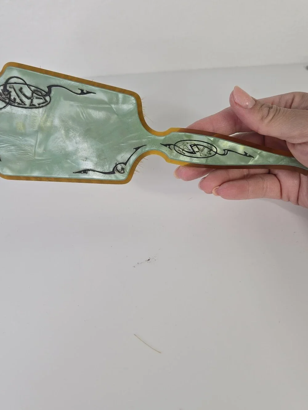 VTG Art Deco Green Pearlized Celluloid Vanity Hair Brush 1920s 30s  9